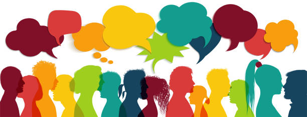 ilustrações de stock, clip art, desenhos animados e ícones de crowd talking. group of multi-ethnic and multicultural people who speak. communication between multiracial people. colored profile silhouette. communicate social networks. speaking. speech bubble - loud voice