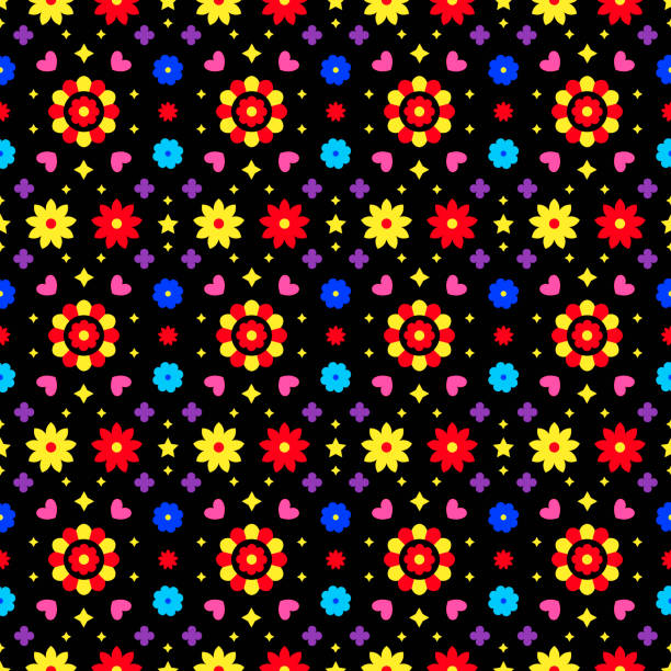 istock Mexican folk art seamless pattern with flowers on dark background. Traditional design for fiesta party. Colorful floral ornate elements from Mexico. Mexican folklore ornament. 1185449343