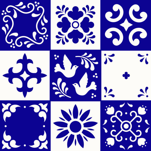 Mexican talavera pattern. Ceramic tiles in traditional style from Puebla. Mexico floral mosaic in blue and white. Folk art design. Mexican talavera pattern. Ceramic tiles in traditional style from Puebla. Mexico floral mosaic in blue and white. Folk art design persian pottery stock illustrations