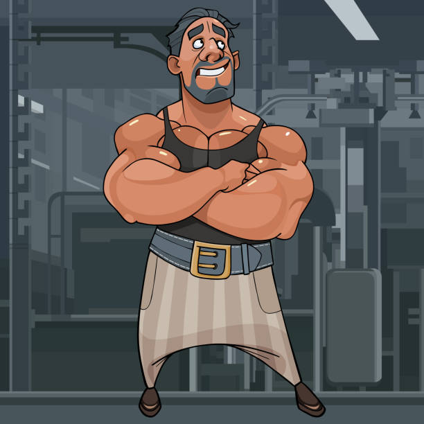 cartoon muscle man bodybuilder stands and dreams cartoon muscular bodybuilder man standing and dreaming looking up good looking man looking up stock illustrations