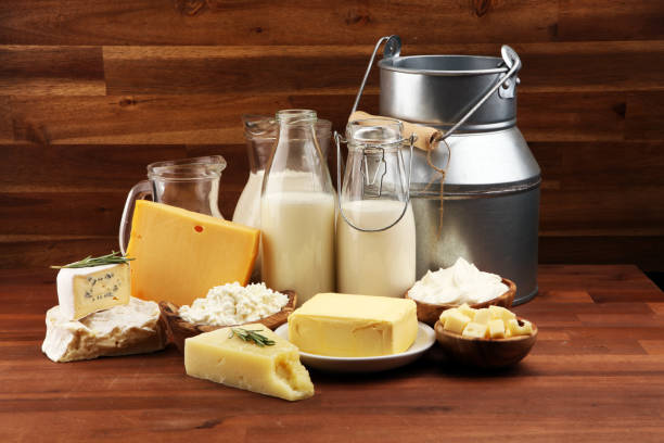 istock Different  healthy dairy products on rustic background with milk, cheese, butter and cottage 1185451500