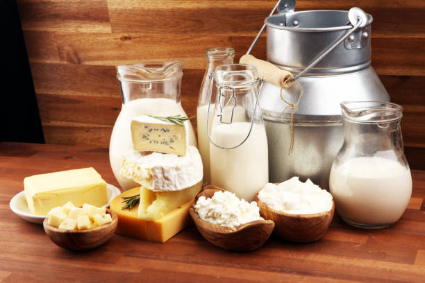 istock Different  healthy dairy products on rustic background with milk, cheese, butter and cottage 1185452084