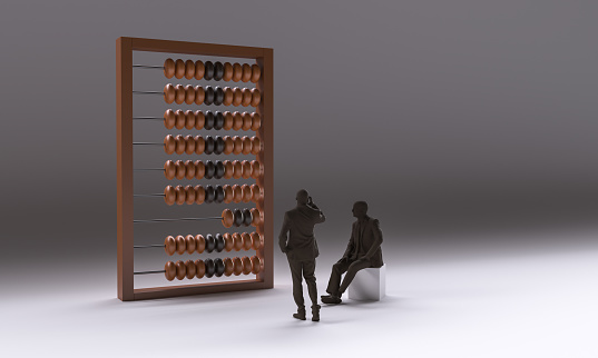 old abacus and businessmen on gray background - 3d rendering illustration, 3d models.