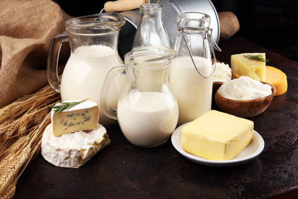 istock Different  healthy dairy products on rustic background with milk, cheese, butter and cottage 1185452585