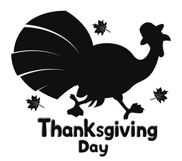 Silhouette of a Turkey in a hat runs on a white background. Thanksgiving day. The silhouette of a Turkey in a hat runs on a white background. Thanksgiving day. thanksgiving holiday silhouettes stock illustrations