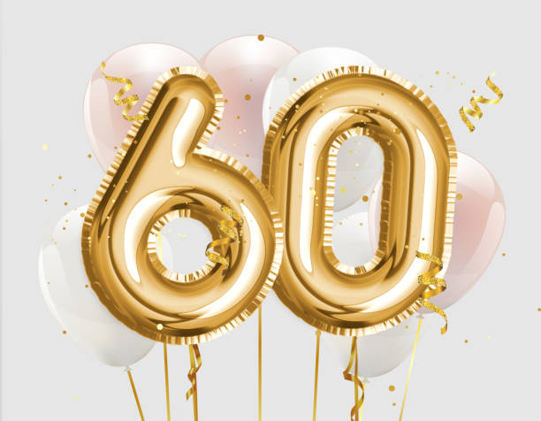 Happy 60th birthday gold foil balloon greeting background. 60 years anniversary logo template- 60th celebrating with confetti. Happy 60th birthday gold foil balloon greeting background. 60 years anniversary logo template- 60th celebrating with confetti. Photo stock. number 60 stock pictures, royalty-free photos & images