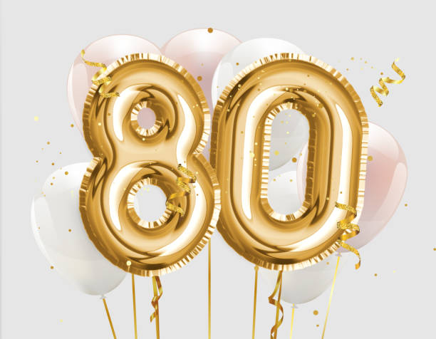happy 80th birthday gold foil balloon greeting background. 80 years anniversary logo template- 80th celebrating with confetti. - number 80 imagens e fotografias de stock