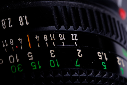 Details of the lens markings on a film camera