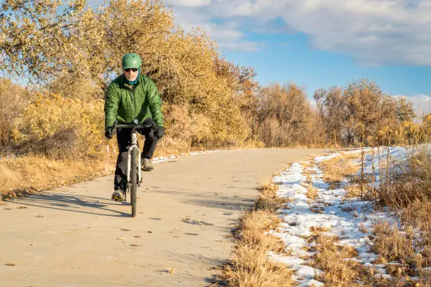 Winter commuting on a bike trail - Poudre River Trail in northern Colorado