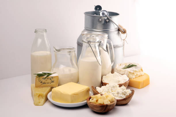 istock Different  healthy dairy products on rustic background with milk, cheese, butter and cottage 1185456473