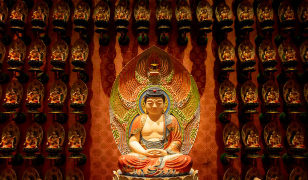 Amitabha Buddha statue in Buddha Tooth Relic Temple in Singapore stock photo