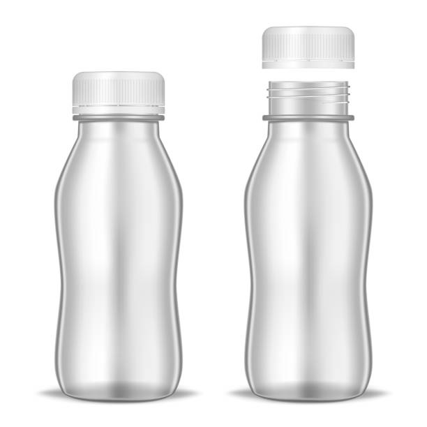 istock Closed and open clear bottle with screw cap isolated on white background, realistic mockup illustration. Liquid food product packaging container, vector template 1185458540