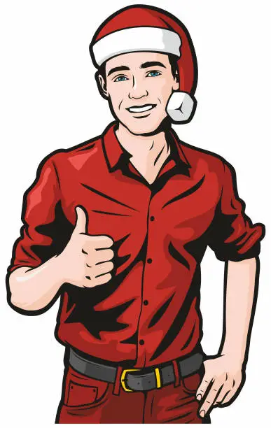 Vector illustration of Man In Santa Hat Giving The Thumbs Up