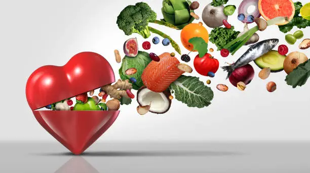 Healthy food concept and nutritional ingredients for heart health with fruit vegetables nuts fish and beans as a natural diet with 3D illustration elements.