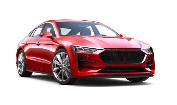 ilustración 3d del coche sedán rojo genérico - vista lateral delantera - sedan fotografías e imágenes de stock