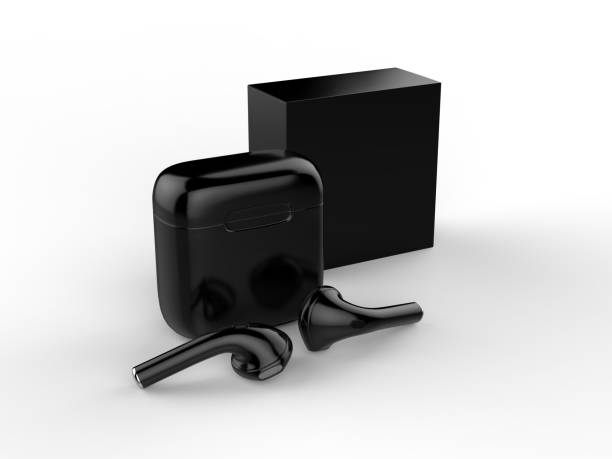 Blank promotional wireless earbuds with box package. 3d render illustration.