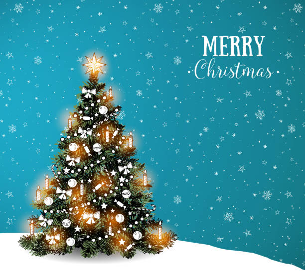 istock Doodle christmas tree on blue winter sky background with snowflakes. Christmas greeting card. 1185462740
