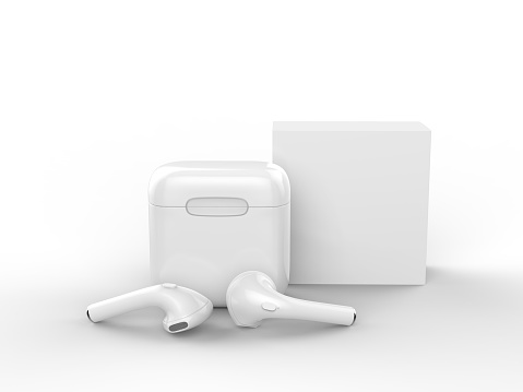 Blank promotional wireless earbuds with box package. 3d illustration.