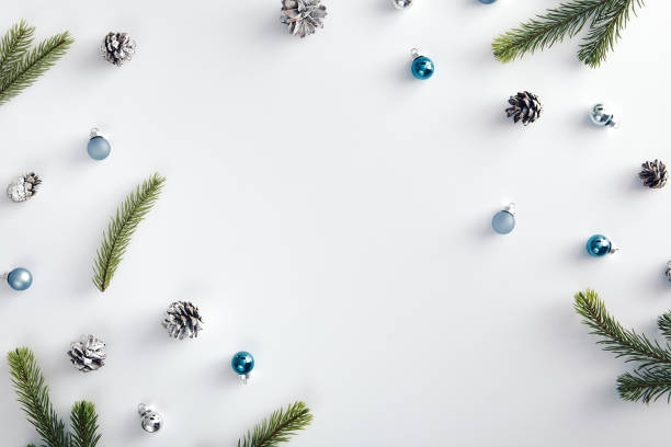 istock Blue christmas baubles, fir branch and cone 1185463755