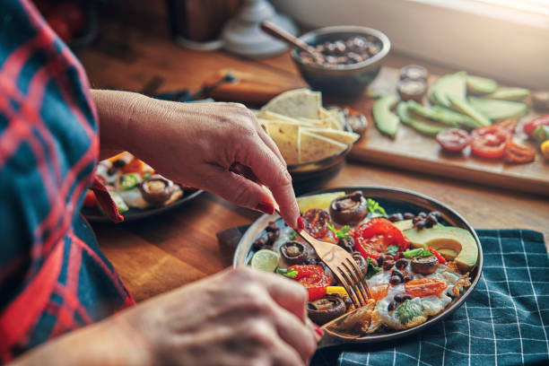 istock Mexican Style Breakfast with Eggs, Mushrooms, Beans, Tomatoes, Avocado and Tortilla 1185465772