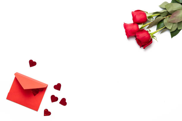 istock Red roses and present, composition of Valentines day isolated on white background 1185466815