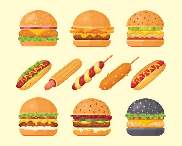 на�бор классических бургеров с летающими ингредиентами и хот-догами. векторный гамбургер и иконки хот-догов. набор фастфуда. - hot dog hamburger burger grilled stock illustrations
