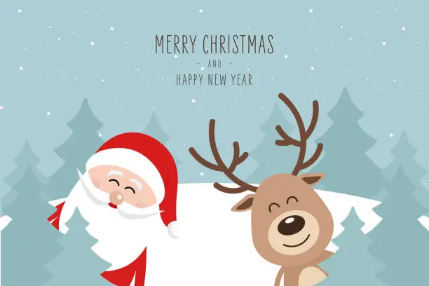 Vector illustration of Santa and reindeer cute cartoon winter landscape with greeting snowy background. Christmas card
