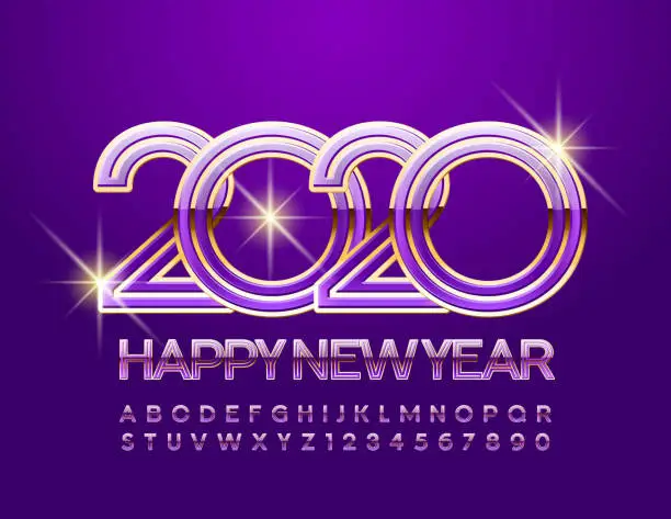 Vector illustration of Vector Luxury Greeting Card Happy New Year 2020! Violet and Golden Alphabet Letters and Numbers