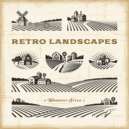 A set of retro landscapes in woodcut style. Editable EPS10 vector illustration with clipping mask and transparency.
