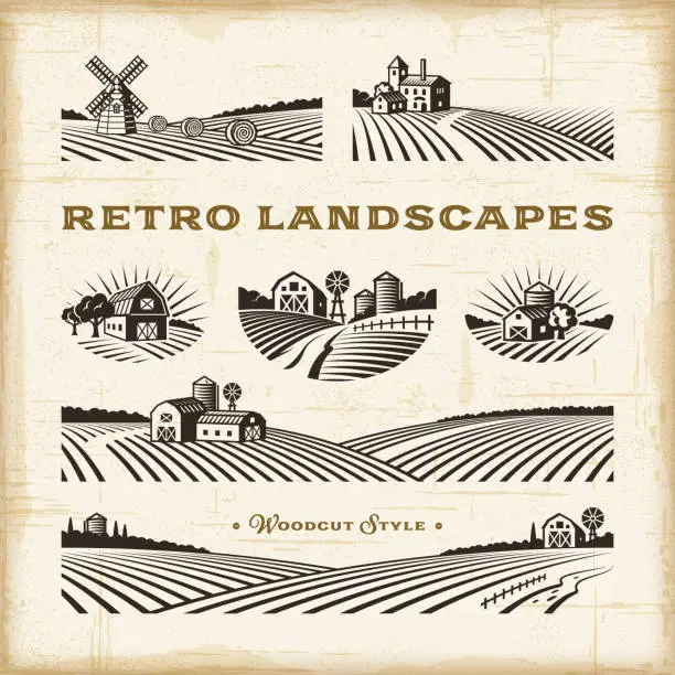 Vector illustration of Retro landscapes set