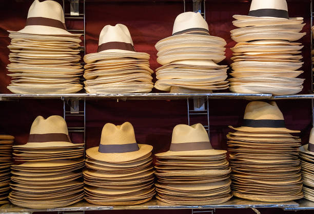 istock assortment of genuine hand-made panama hat on a shelf 1185469407