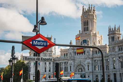 Banco de España Metro station sign in Madrid, Spain
