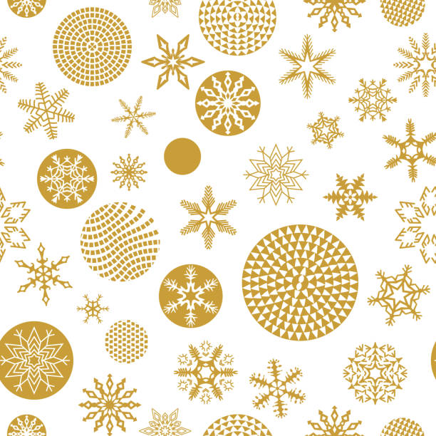 트렌디 한 황금 눈송이와 흰색 배경에 직면 크리스마스 트리 공 크리스마스 원활한 패턴. 간단한 기하학적 모양 복고풍 디자인 벽지, 포장지 - spherical joint stock illustrations