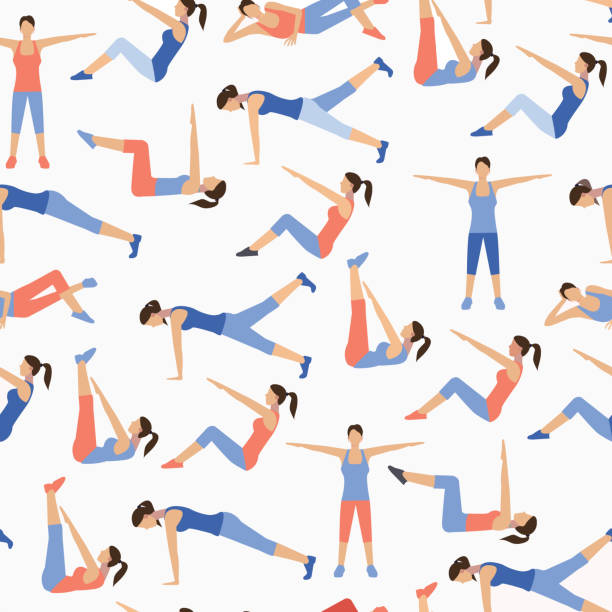 pattern with Collection of beautiful fit girl doing pilates exercises. vector art illustration