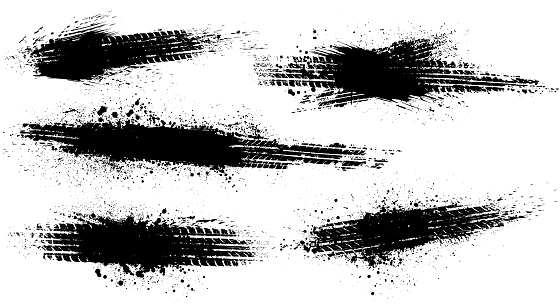 dirty grunge tire marks on white background with mud splatter