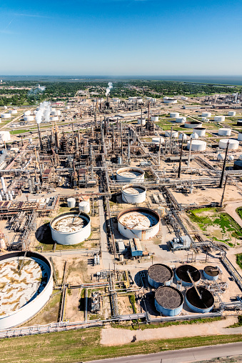 An east Texas oil refinery located along Galveston Bay just south of Houston shot from about 1500 feet.