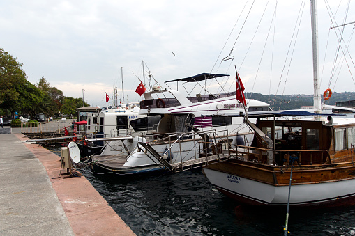 Kurucesme, Istanbul, Turkey - August 21 2017: Boats moored in besiktas kurucesme coast in Turkey