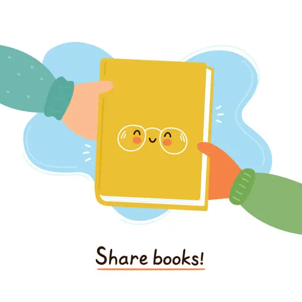 Vector illustration of Hands pass cute smiling happy book