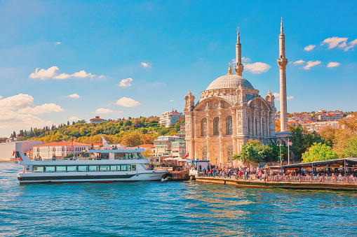 ISTANBUL, TURKEY - October 9th, 2019: Ortakoy mosque on the shore of Bosphorus in Istanbul, Turkey