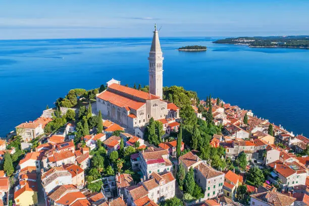 Aerial view to Roving old town, popular travel destination in Croatia.