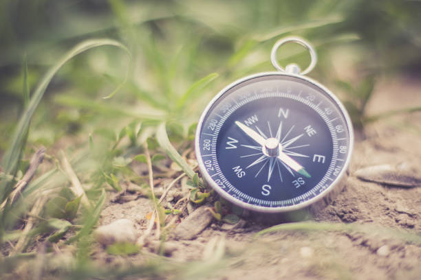 istock Adventure: Compass is lying on the dry floor, showing the direction 1185475758