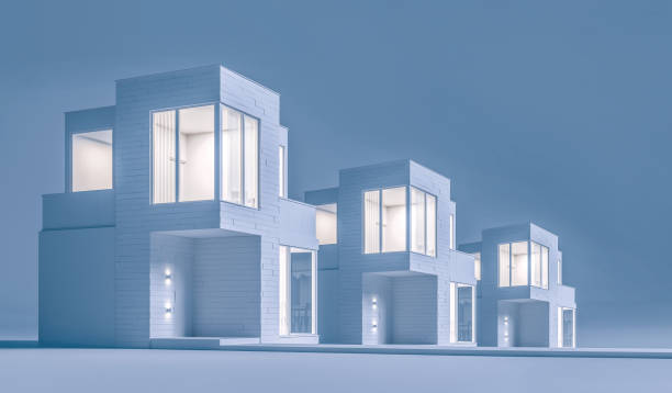 View exterior layout of a modern small house C facade trim of rectangular boards in the evening light. 3D illustration