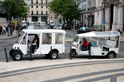 Madrid, Spain - 28 October, 2023: A 5-door Mini Cooper in a city street of Madrid, Spain