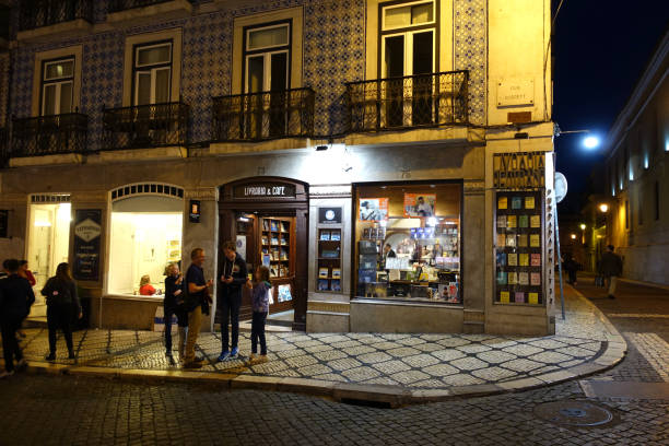 Lisbon, Portugal 14 April 2019: Livraria Bertrand in Lisbon at night. This is the oldest and largest bookstore chain in Portugal and opened in 1742