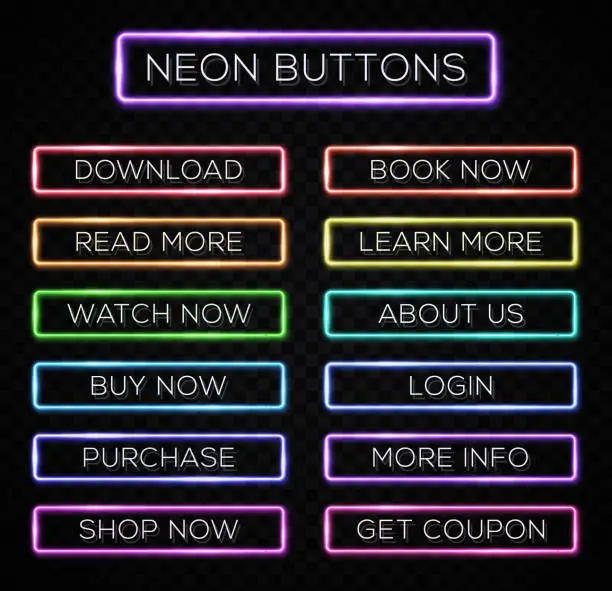 Vector illustration of Bright colors neon web buttons set for website design template isolated on black transparent background. Bright glowing led lamp rectangle light banners with text. Bright colorful vector illustration.