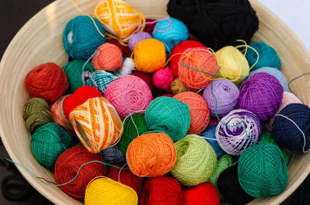 Colorful yarn balls for knitting in a basket
