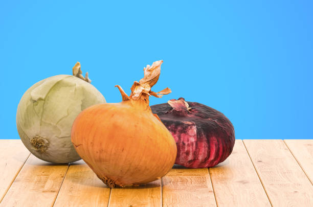 Different Types of Onions 3d rendering with realistic texture on the wooden table