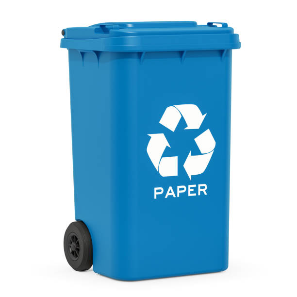 istock Blue recycling trash can for paper waste, 3D rendering isolated on white background 1185490215