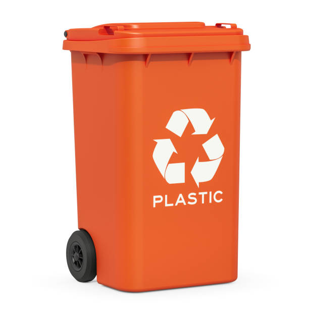 istock Orange recycling trash can for plastic rubbish, 3D rendering isolated on white background 1185490817