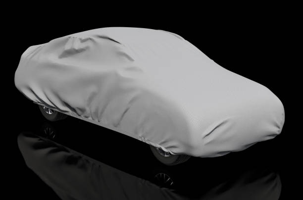 Car cover on the auto, 3D rendering isolated on black background